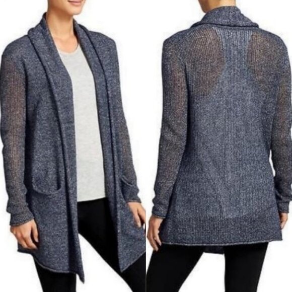 Athleta Cashmere Linen Cabrillo Cardigan Blue Size XXS Open Front Knit Pockets - Picture 1 of 10